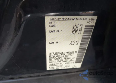 2016 Nissan Altima 2.5 S z USA, uszkodzony, nr VIN 1N4AL3AP2GC148478